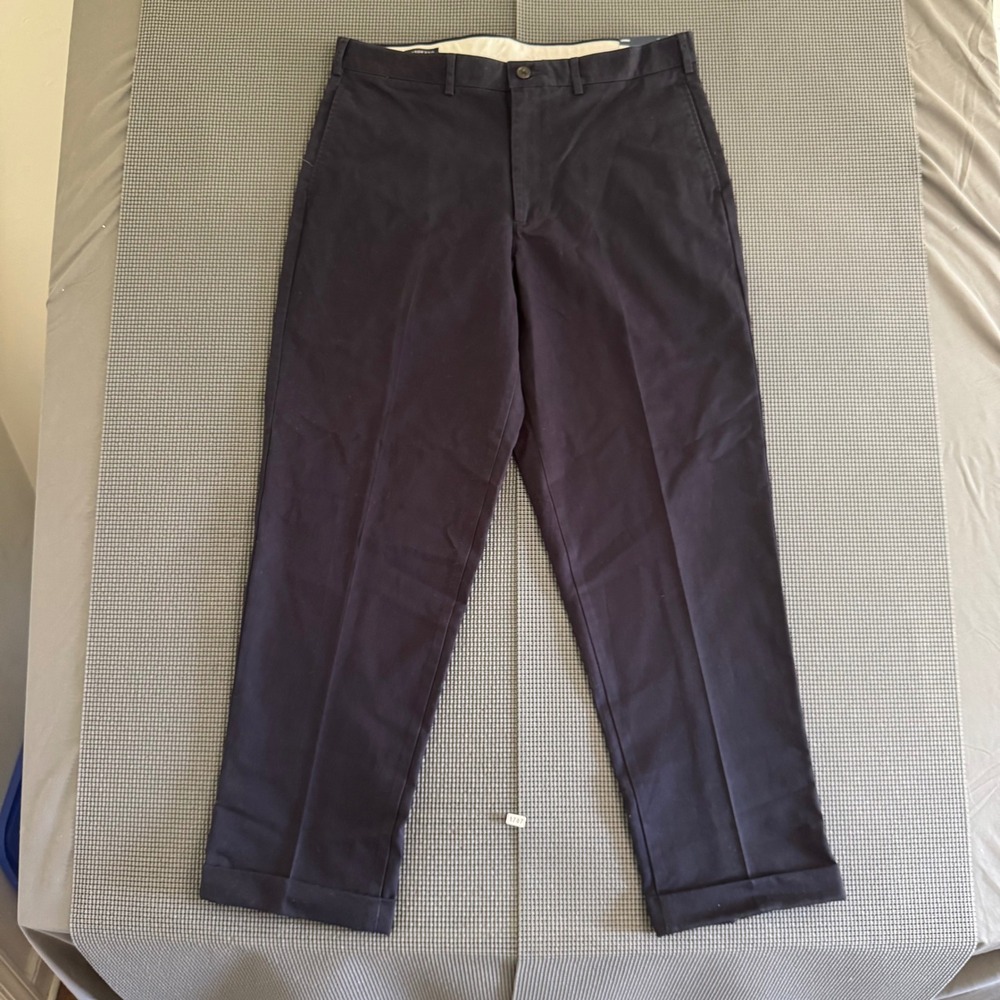 Lands End Traditional Fit Chino Pants Mens 36 Navy Blue Plain Front Cuffed Hem